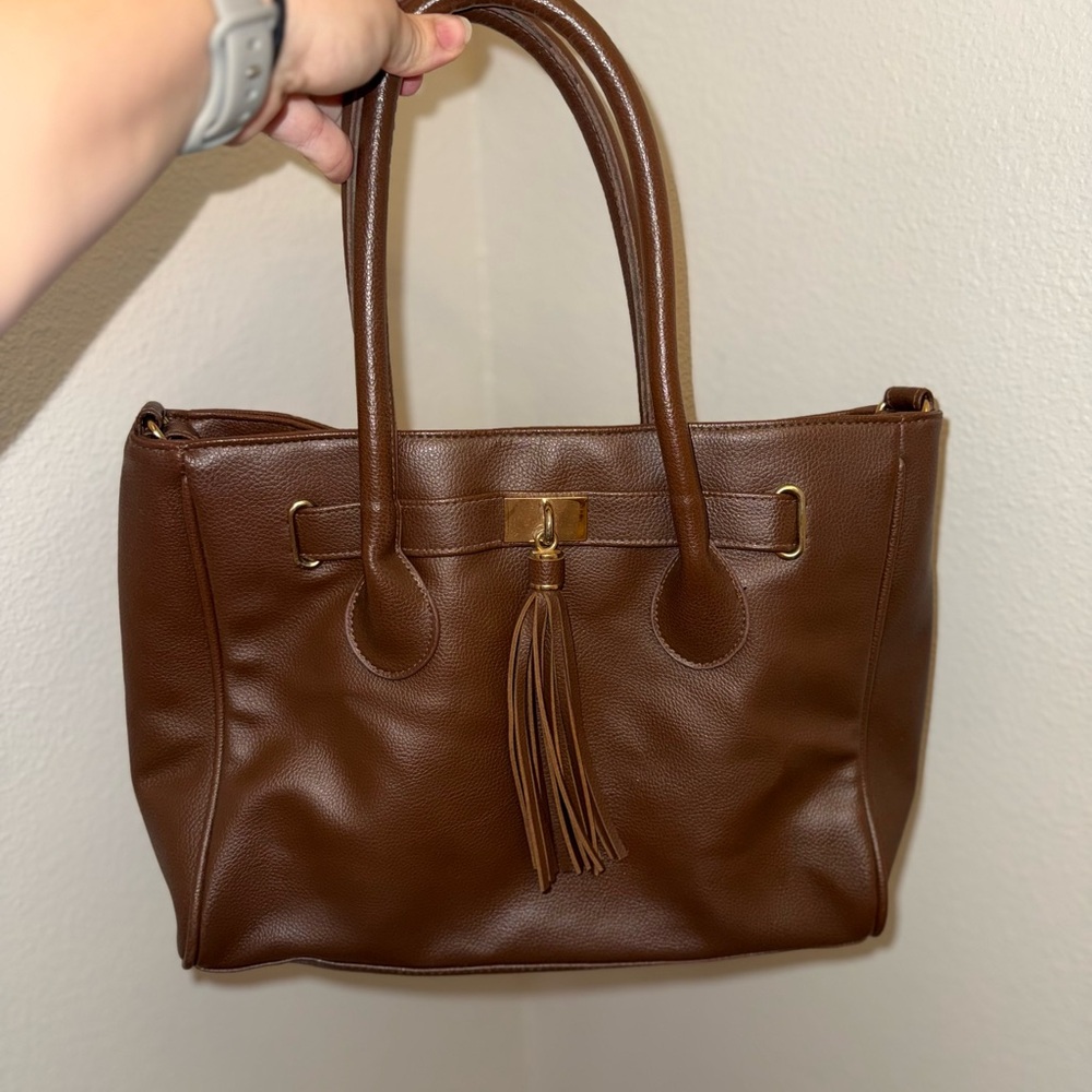 Elegant Brown Faux Leather Tote Bag Purse with Gold Accents & Removable Strap 👜